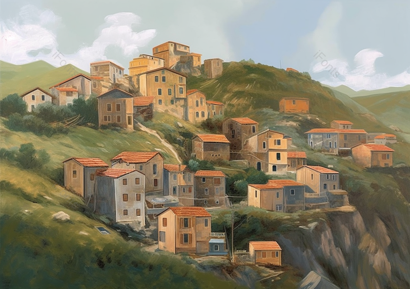 山体悬崖上房子油画山里村庄手绘插画背景,插画/手绘图,插画/手绘图库,插画/手绘图下载,插画/手绘